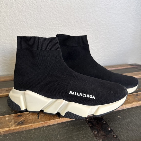 Balenciaga Other - Balenciaga Speed Trainer Black White High Top Knit Sneakers Rubber Sole Sz 7.5